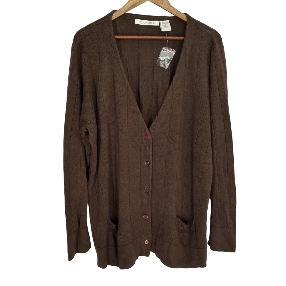 Roaman's Espresso Brown Ribbed Button Front V-Neck Cardigan Sweater Cobain 1X